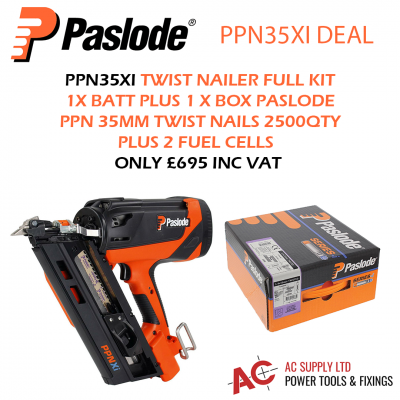 Paslode PPN35XI Positive Placement Nailer full kit in case c/w 1 x batt PLUS box of 35mm Paslode PPN nails 2500qty plus 2 fuel cells