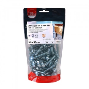 M8 x 50 Carriage Bolt & Hex Nut - BZP 55 PCS