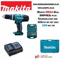Makita DHP453z Deal plus charger case and 101pce bit set
